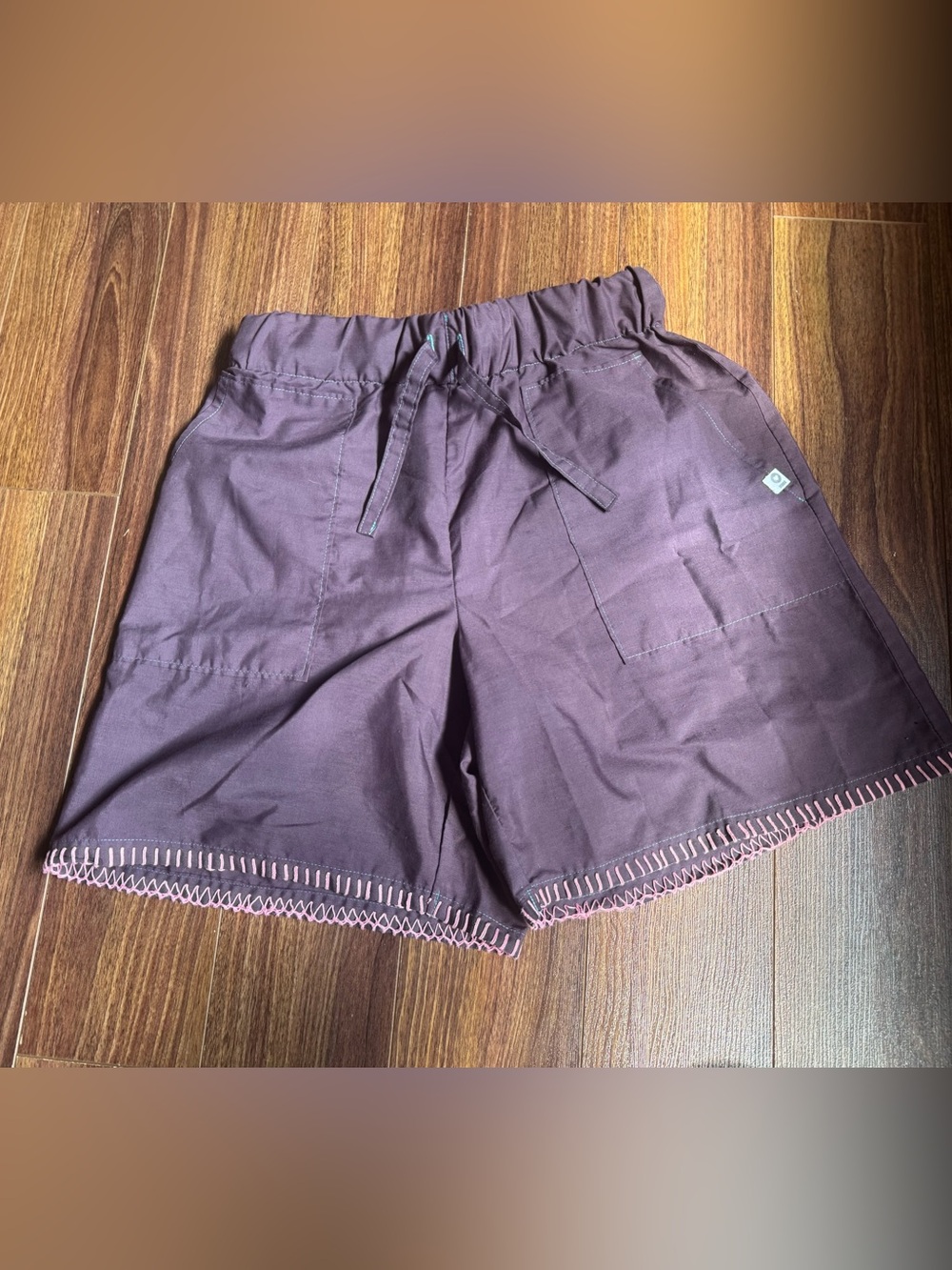 Lightweight Plum Shorts with Pink Stitching Accents